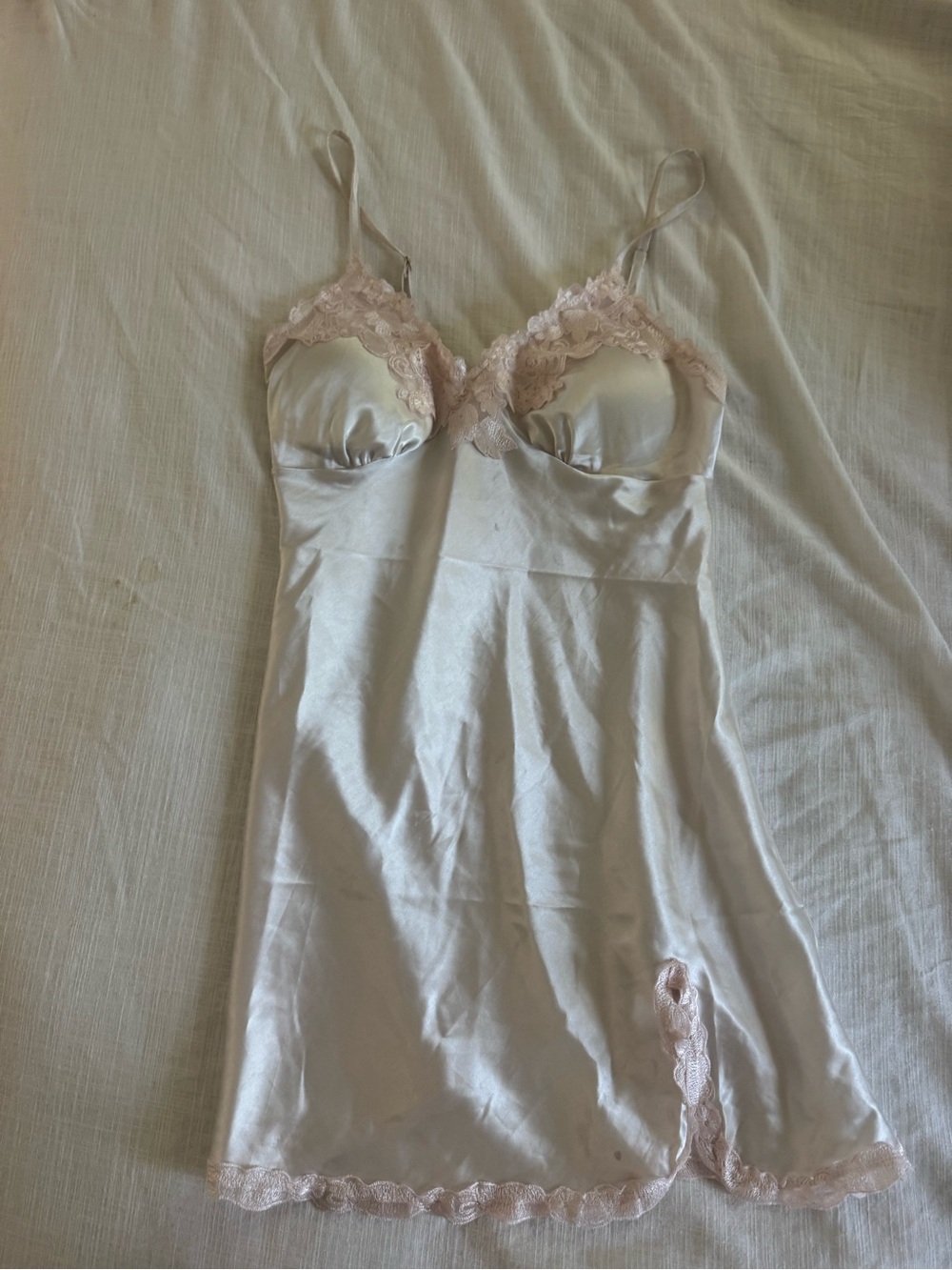 White Satin Slip Nightgown Chemise Teddy Sleepwear Pink lace Rachel Roy Small